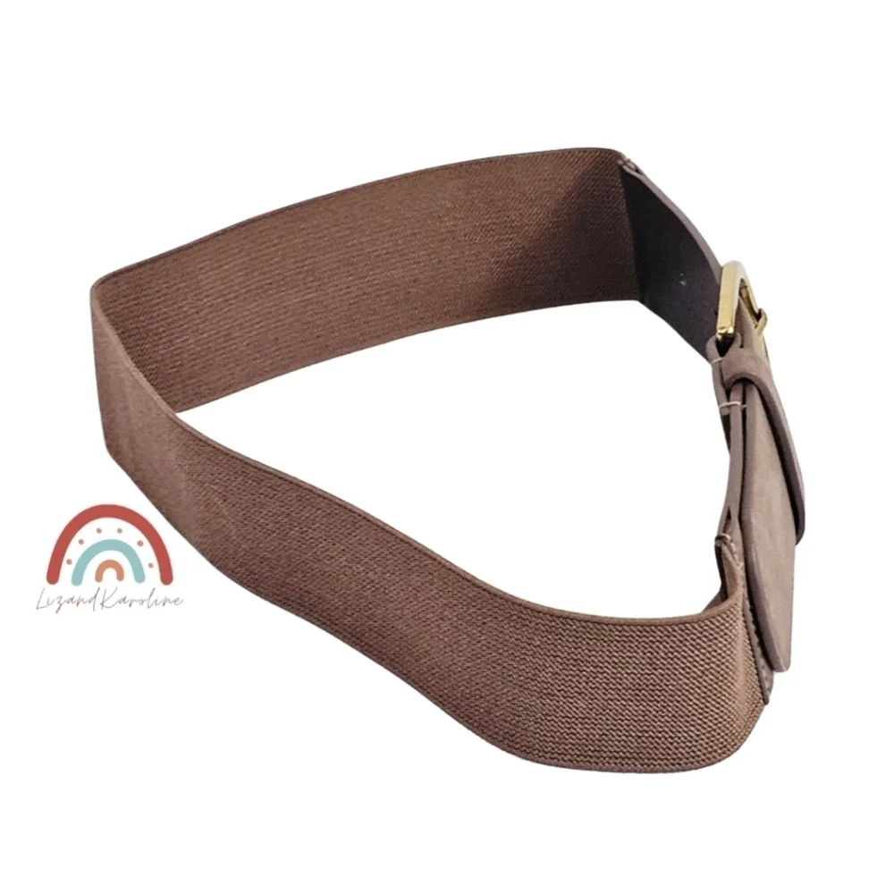 New! Faux Leather Wide Brass Buckle Stretchy Dark Taupe Belt S/M